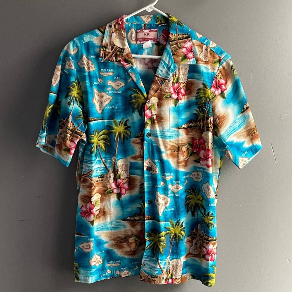RJC Shirt Mens Large Blue Hawaiian Islands Beach Tropical Floral Palms Camp EUC
